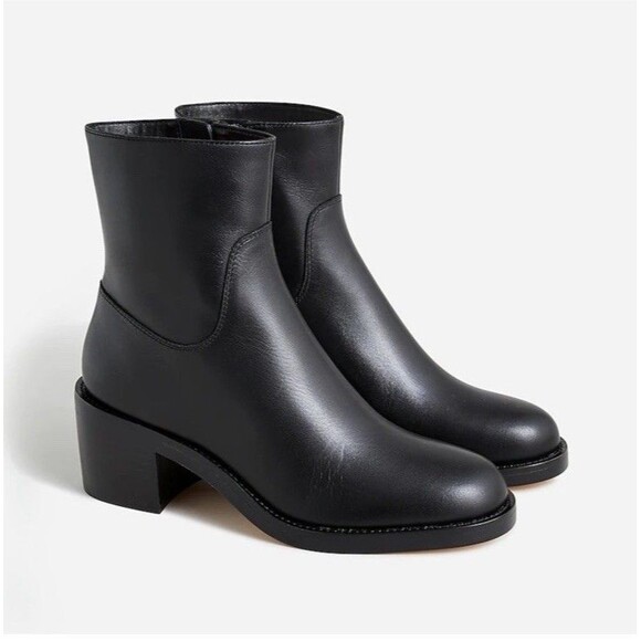 J.Crew Stacked Heel Ankle Boots Leather Black Side Zip Size 7.5 BJ869 - Picture 1 of 8